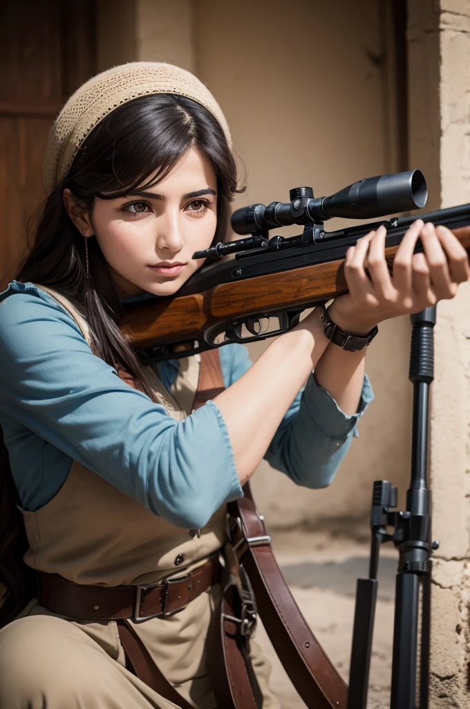 Woman of Kurdish origin aiming with a rifle.