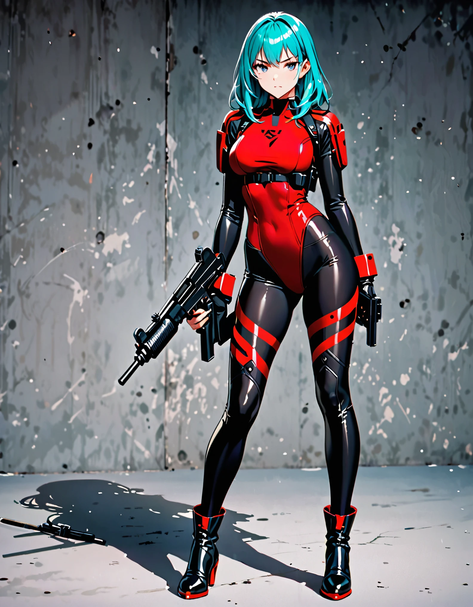 masterpiece, highly detailed, best quality, high quality, 1girl, (solo, solo focus), grey eyes, beautiful detailed eyes, beautiful detailed face, perfect hands, complete fingers, perfect anatomy, perfect proportions, long aqua hair, using uzi, detailed shadows, detailed light, (black skintight bodysuit, (red leotard), shoulder holster), (full black pantyhose, skintight black leggings), (perfect fit), matching boots, full body, serious, full body costume design