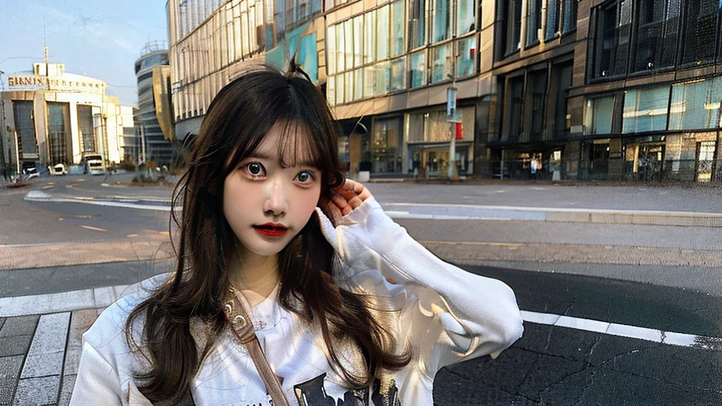 There is a girl in a deserted city, she is scared and sad.