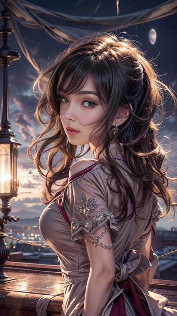 (32k:1.5, Highest quality, masterpiece, Ultra-high resolution), Perfect dynamic composition, Professional camera work:1.6, Very detailedな肌と顔の質感:1.3, Mysterious portrait:1.3, Very accurate, Very detailed, One Girl, ((Amazing night view from the rooftop, The moonlight at night illuminates my body)), (Satin Nightgown:0.5), Incredibly slim body, Fair skin, Very beautiful face, Expressions of sadness, (Big eyes that exude beautiful eroticism:0.8, A dreamy look:1.0, I love you with all my heart:0.8, Please open your mouth a little, lipstick, Feel the beautiful eroticism:0.9), (Wet dark brown medium length hair), Candles, The chest is medium, Earrings, necklace, bracelet, Tilt, get up, ((Adult charm, Feminine charm, Hair blowing in the wind))