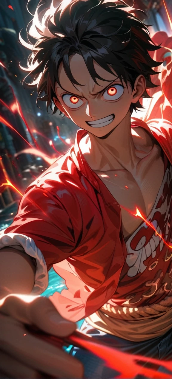 High quality, ,absurdres, highres, ultra detailed, HDR, masterpiece, extremely detailed face and eyes, Luffy , One Piece,, Black hair ,red shirt, solo, ,man, handsome, red splashing effect,red lightning effect,glowing glitters , full effect, symetrical ,