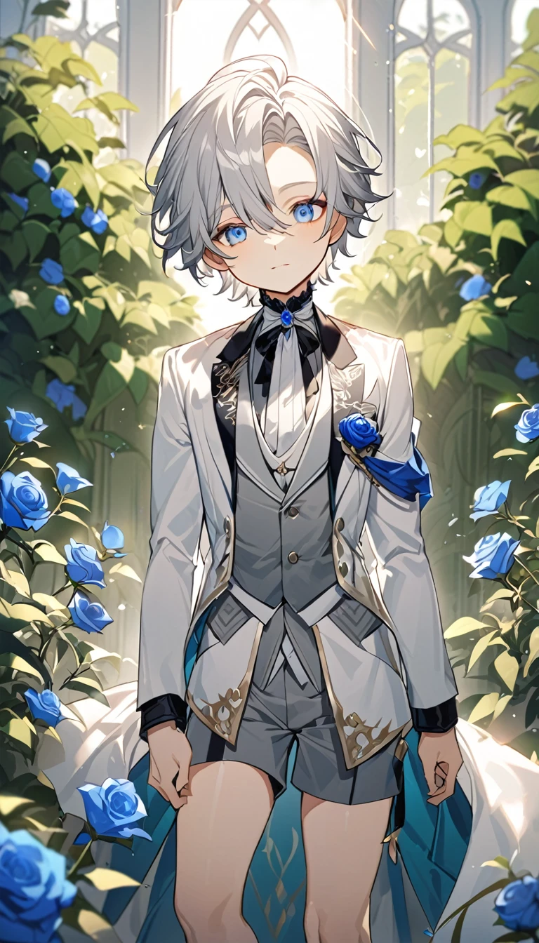 Handsome,very beautiful,1 ,young,alone,white short hair,blue eyes,black shirt,Luxurious white blazer,((Gray suit shorts)),black garters,((blue Rose)),White satin ribbon clothing decoration,Exquisite clothing details,Calm expression,Holy,Goethe-style,garden