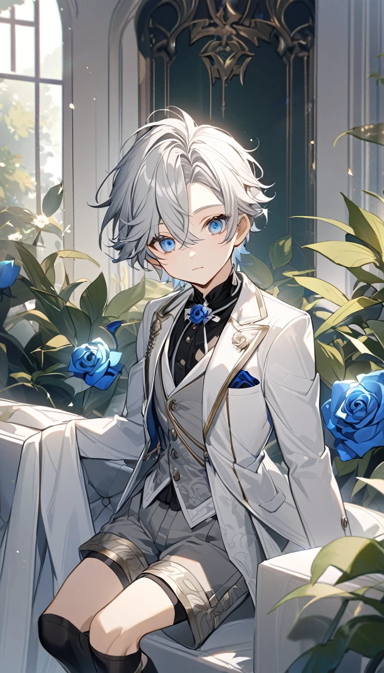 Handsome,very beautiful,1 ,young,alone,white short hair,blue eyes,black shirt,Luxurious white blazer,((Gray suit shorts)),black garters,((blue Rose)),White satin ribbon clothing decoration,Exquisite clothing details,Calm expression,Holy,Goethe-style,garden