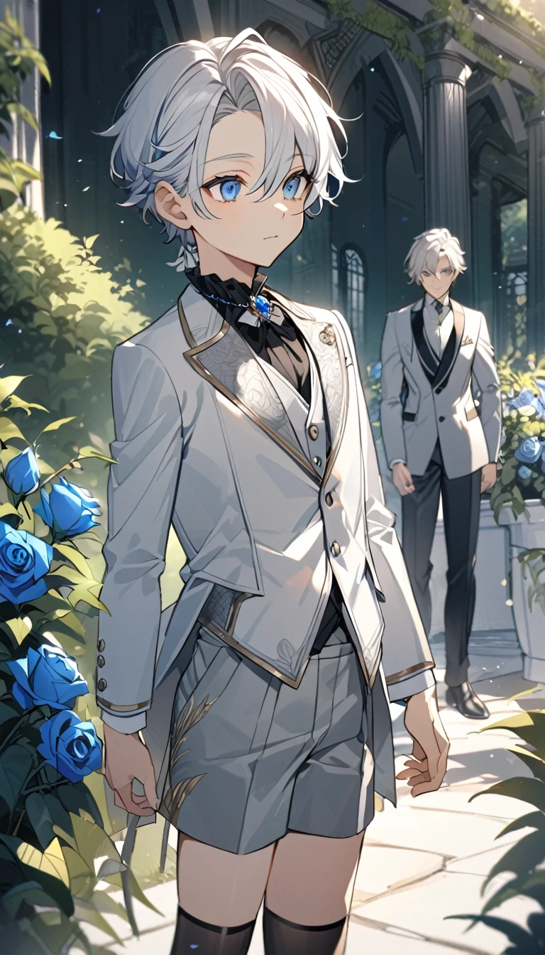 Handsome,very beautiful,1 ,young,alone,white short hair,blue eyes,black shirt,Luxurious white blazer,((Gray suit shorts)),black garters,((blue Rose)),White satin ribbon clothing decoration,Exquisite clothing details,Calm expression,Holy,Goethe-style,garden