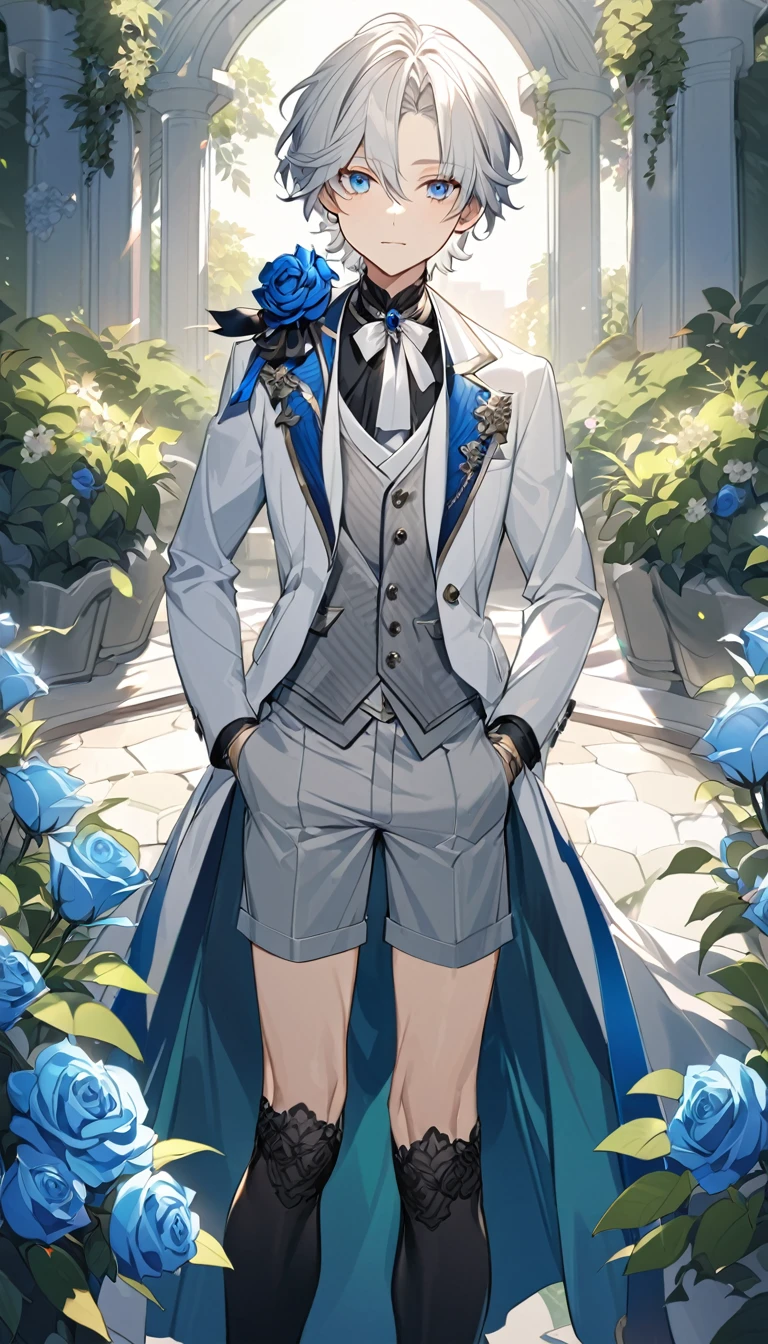 Handsome，very beautiful，1 ，young，alone，white short hair，blue eyes，black shirt，Luxurious white blazer，((Gray suit shorts))，black garters，((blue Rose))，White satin ribbon clothing decoration，Exquisite clothing details，Calm expression，Holy，Goethe-style，garden