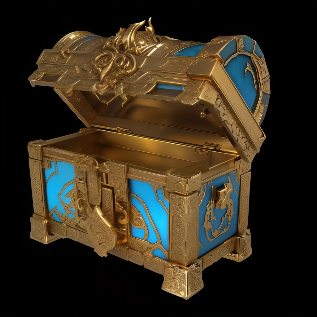 (打开的蓝色Treasure Chest金属边框:1),Treasure Chest,(Metallic luster),(Metal Reflection),Game Icon Assets, 3D Rendering, Object Art, Stylized game icons,Stylized art,3d icons for mobile games,Diablo concept style,