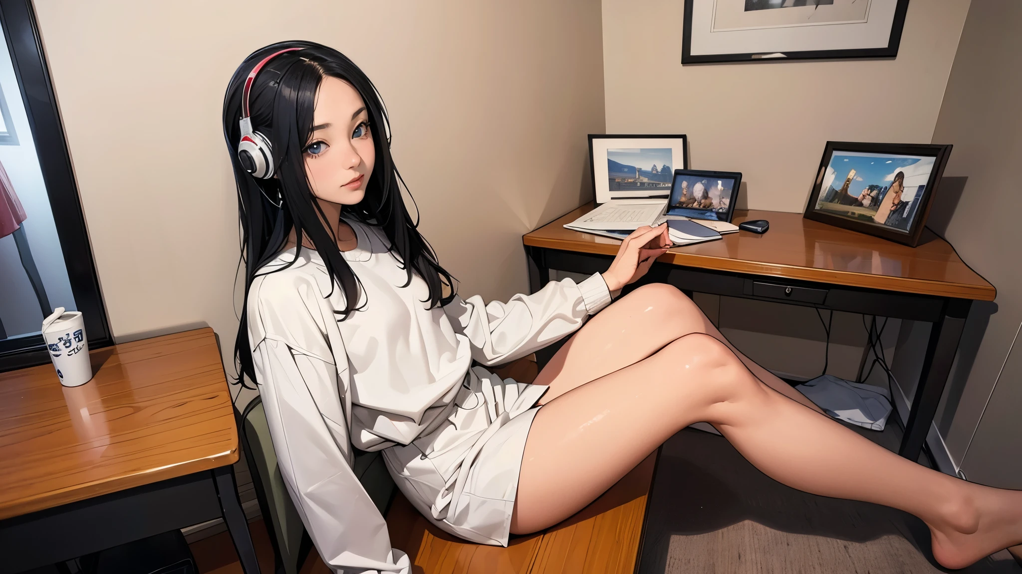 Ultra HD、super high quality、masterpiece、detailed、8K、The place is your room、A high school girl in her room1Person sitting and listening to music on headphones、Studying at a desk、The room is small、15-year-old high school girl、The high school girl is Russian and has long black hair.、Has blue eyes、Has a glamorous figure、The clothes she's wearing are a camisole, a miniskirt, and knee-high socks.、Or wearing a uniform、Pretty sexy、Lo-Fi images,The background is blurred、Nostalgic and relaxing atmosphere、The decorations are retro.、Late Night、The light is a desk lamp