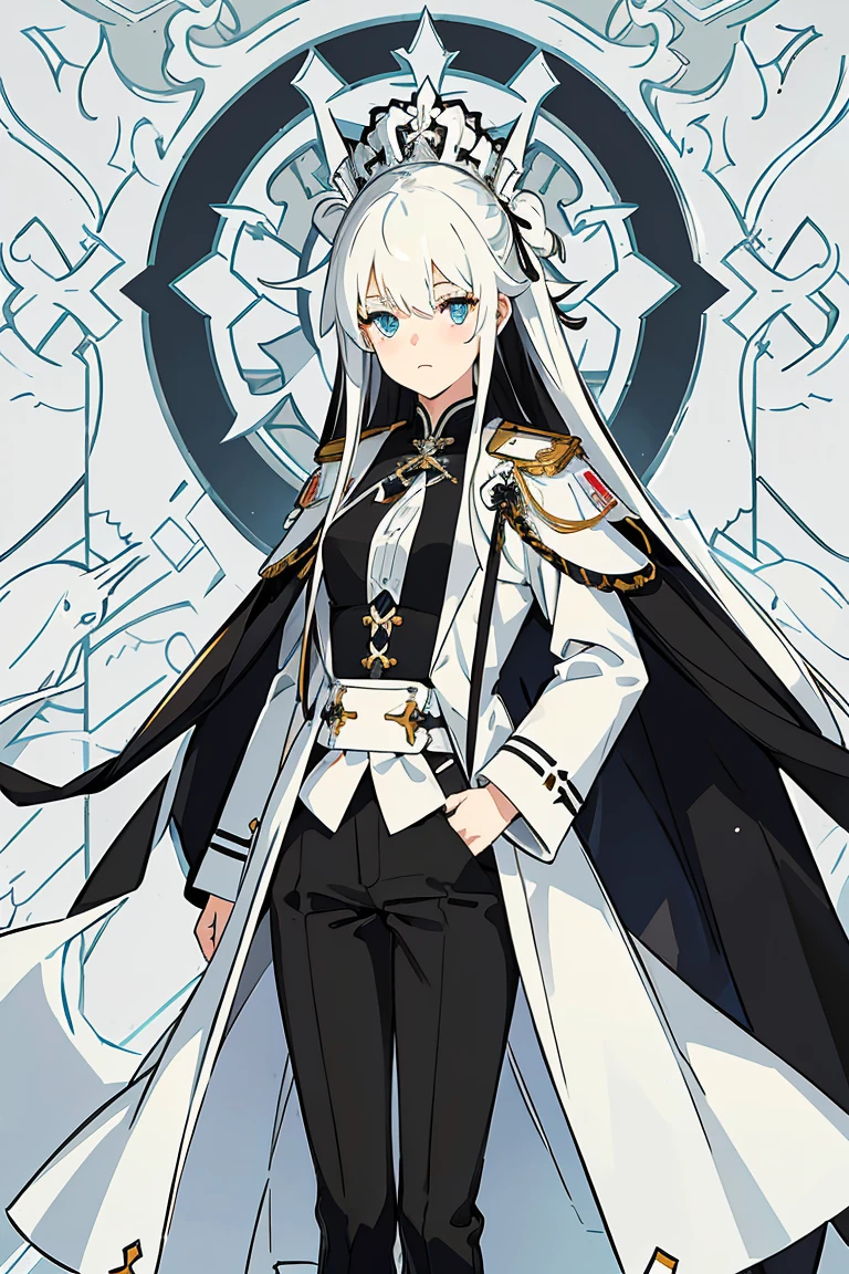 masterpiece, best quality, CG, wallpaper, HDR, high quality, high-definition, extremely detailed, 1girl, young, black and white hair, black overcoat, heterochromia, blue eyes, white shirt, black pants, starry, snow peaks, causal clothes, twilight, hands in pockets, the queen, handsome, traditional Chinese style