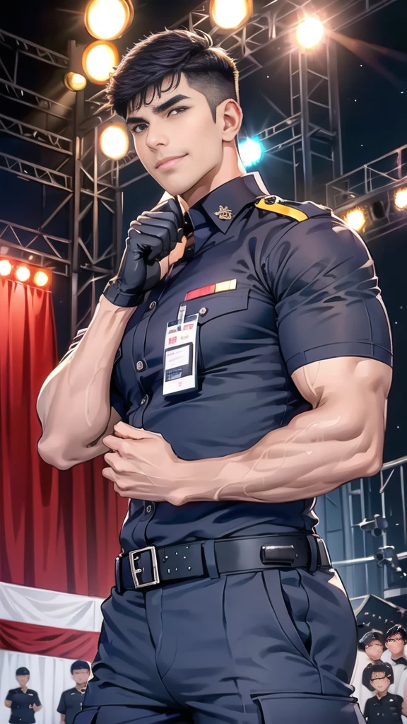handsome man,(crew cut short hair:1.2),black eye,smile,
(navy police uniform:1.2),(shirt short sleeves:1.2),collar,(shirt covered over:1.2),(name tag and Police badge:1.2),(shirt no buttons:1.1),(black_gloves:1.3),
(Navy blue cargo:1.2),Korean guy,korean men,(High gloss details),(chest muscles:1.2),(large arm muscles:1.2),blood vessel,Big muscles,Broad shoulders,looking at the audience,Balancing the eyes,middle of the road,(stage:1.4),