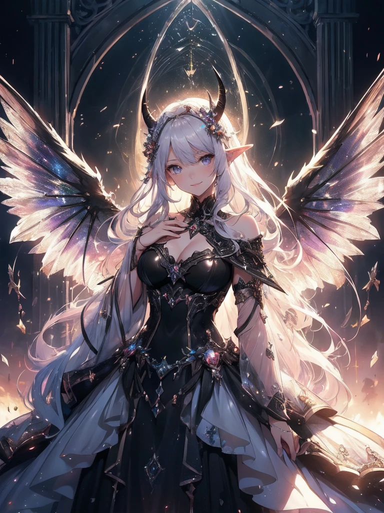 最高quality、1 woman elf、Succubus、、beautiful瞳、beautiful装飾のdress、Devil decoration on head、Ice Sword、最高quality , fractal art.Ice Throne、Ice Palace、Bikini Armor、ロングスmosquitoートドレス ((smile、))((see-through dress ))SMqueen、Orgasm、Ecstasy、Devil's World、ice World、Bigger on the front、 beautiful輝き,High-definition depiction, Realistic, 8K, Unity, beautiful太もも,,Giant Devil's Wings、虹colorに輝く翼、、 light smile, Beautifully and vividly drawn, , beautiful beautiful透き通る肌、輝くbeautiful装飾の魔法、Giant horns、 demon king、、beautiful装飾の角、 , beautiful、 Romanticism,mosquito。 混沌の最もbeautiful形, Mr..々color, Intertwined flowers, P article,Magical gentle light,smile,,image quality、masterpiece、beautiful顔、Super beautiful elf woman((Big breasted 22 year old office lady、Bust 120,Beautiful long ironed hair、Silver Hair、height: 165cm。、Esbian、、高quality、、Visual Arts、最high quality、1 woman elf NP: Worst quality ,beautiful fractal art Marble pillar、、、light、Beautiful radiance,High-definition depiction, Realistic, 8K, Unity, , light smile, Beautifully and vividly drawn, , Beautiful, beautiful, clear skin、 ((see-through BLACK dress,))Countless rays of light pouring down, Swirling Light, big background, , Intense light is emitted from the magic circle in front of the girl. Romanticism,Cowboy Shot: quality