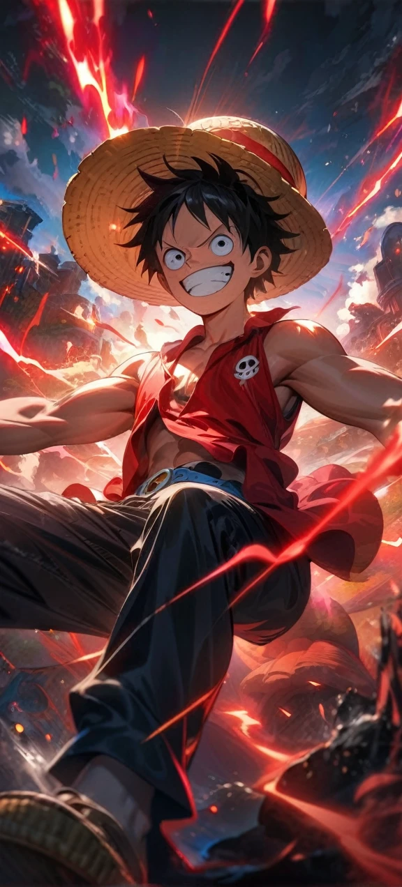 High quality, ,absurdres, highres, ultra detailed, HDR, masterpiece, extremely detailed face and eyes, Luffy , One Piece,, Black hair ,red shirt, solo, ,man, handsome, red splashing effect,red lightning effect,glowing glitters , full effect, symetrical ,