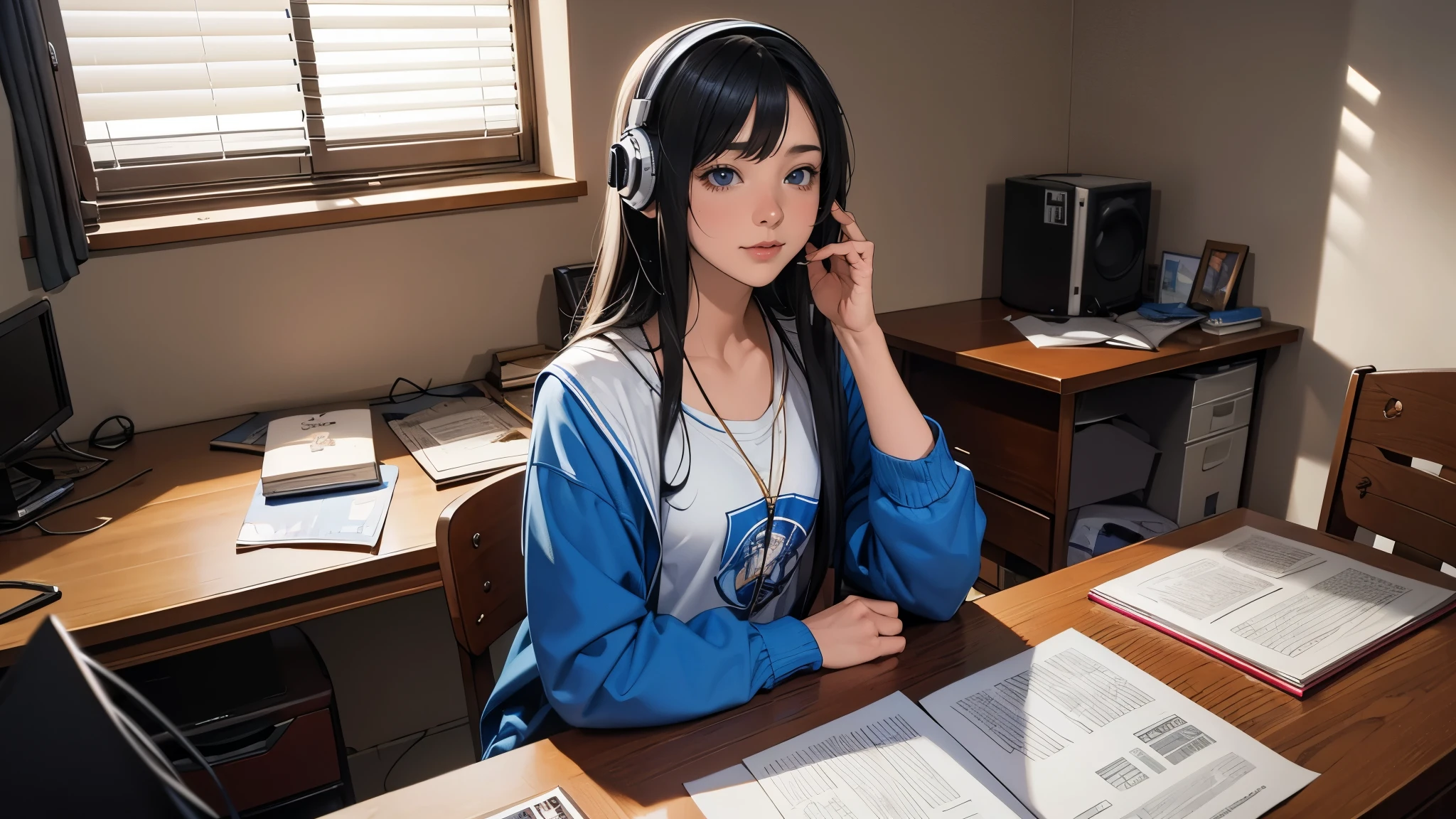 Ultra HD、super high quality、masterpiece、detailed、8K、The place is your room、A high school girl in her room1Person sitting and listening to music on headphones、Studying at a desk、The room is small、15-year-old high school girl、The high school girl is Russian and has long black hair.、Has blue eyes、Has a glamorous figure、The clothes she's wearing are a camisole, a miniskirt, and knee-high socks.、Or wearing a uniform、Pretty sexy、Lo-Fi images,The background is blurred、Nostalgic and relaxing atmosphere、The decorations are retro.、Late Night、The light is a desk lamp