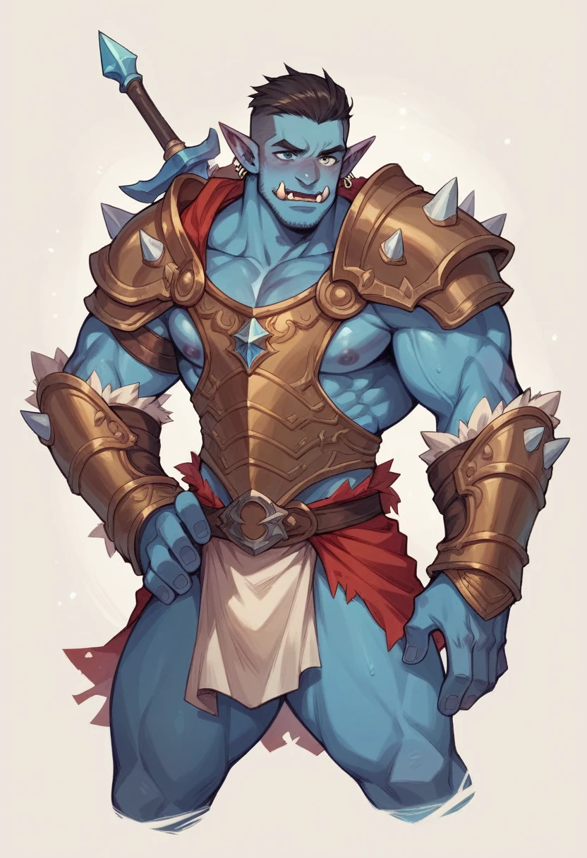 A male character with blue-azure skin, who looks like an elf as he has sharp ears, but also has a large orc build, as well as massive fangs, in azure with brown elements of fantasy armor