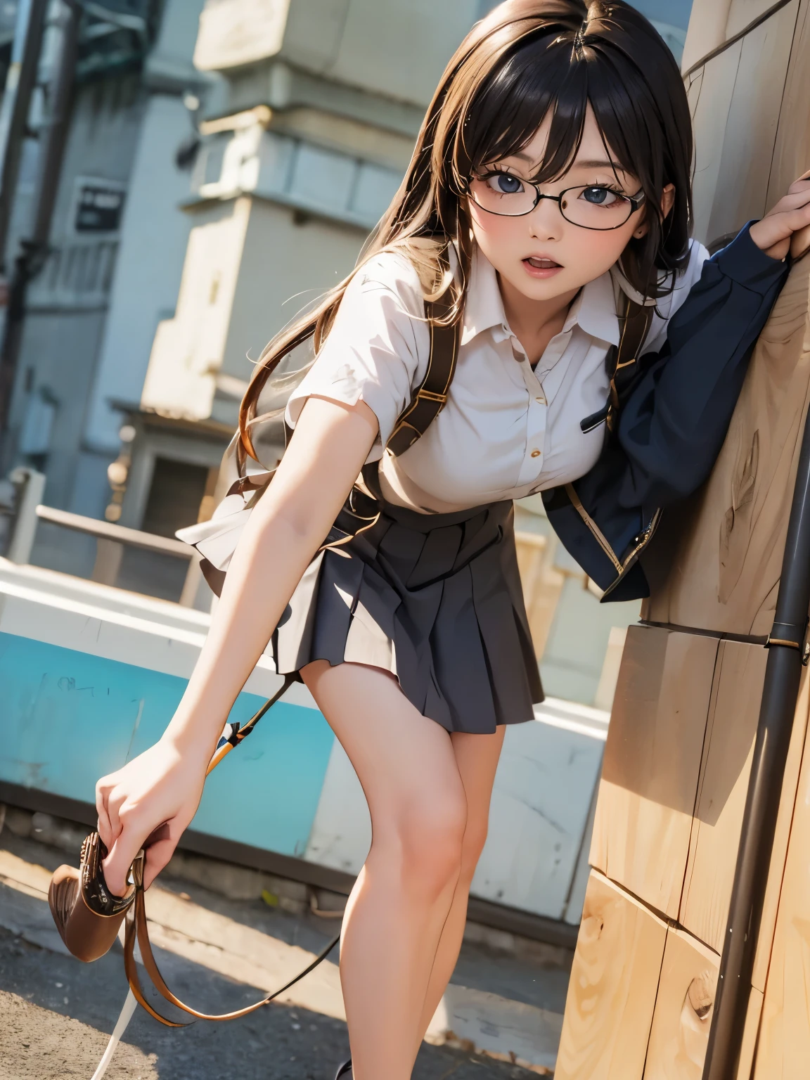 one women, Droopy eyes, Eyes realistic sizing, pleated skirt, (round face), spreads the pipe, that stands on the ground, to meet her step, masturbate while standing, open legs, Angles from Below, weave, Ribbon, (Stylish glasses),