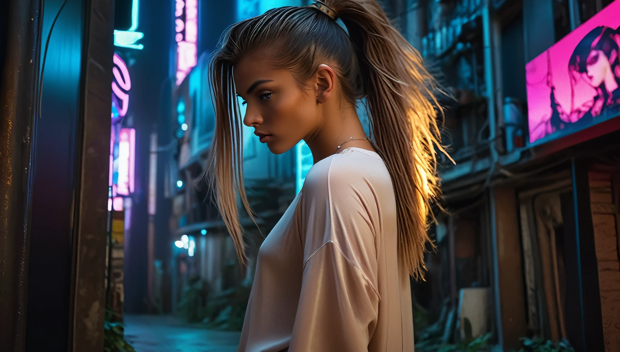 Top Quality, Masterpiece, High Resolution, 8k, (((tanned girl in oversized silky see-through tshirt and leggings, wide neckline, deep neckline, bare belly, small perky breasts, beautiful detailed eyes, beautiful detailed lips, small closed mouth, extremely detailed face, long ponytail hair, small hips))), cyberpunk apartment, moody atmosphere, dramatic and neon colors, futuristic setting, intricate details, at night, full body shot, view from distance, random pose