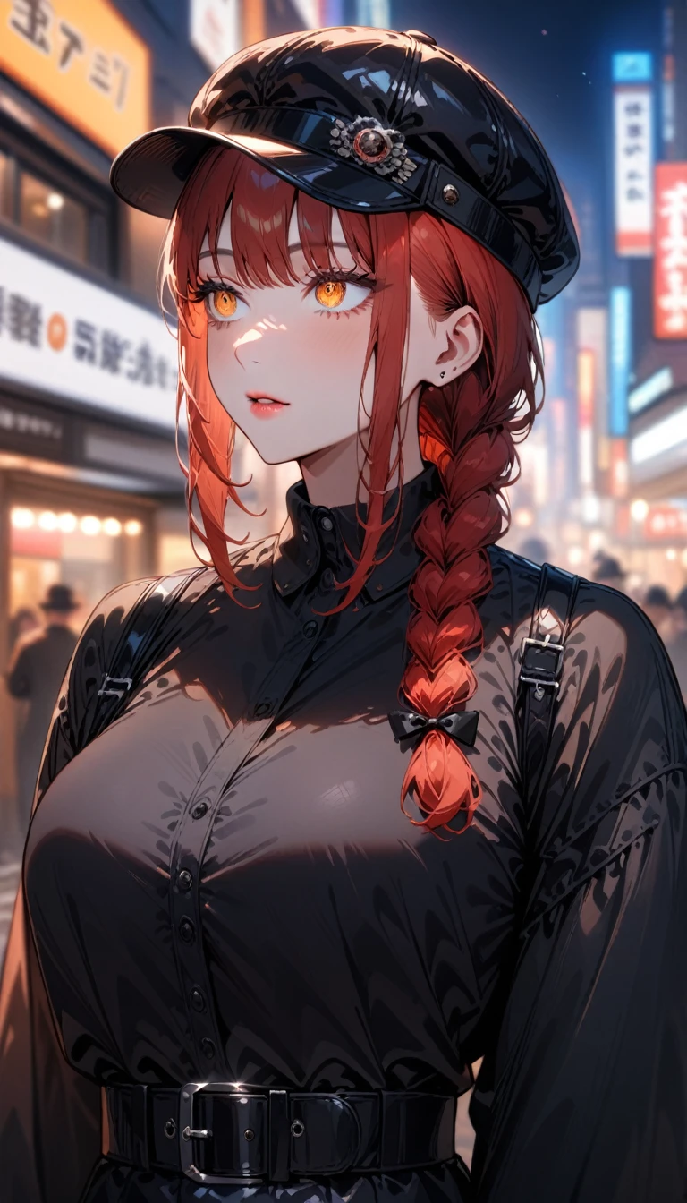 1girl,solo,makima \(chainsaw man\), chainsaw man
,super detailed skin,shiny skin,natural face ,eyelashes,lips gloss,red hair,sidelocks,a braid,large breasts,Tokyo street fashion,shibuya,looking afar,unique clothes,hat,Tokyo city,night,masterpiece,best quality,ultra detailed,high resolution,sharp focus,depth of field