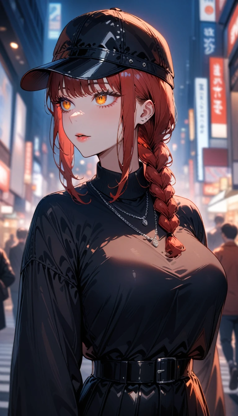 1girl,solo,makima \(chainsaw man\), chainsaw man
,super detailed skin,shiny skin,natural face ,eyelashes,lips gloss,red hair,sidelocks,a braid,large breasts,Tokyo street fashion,shibuya,looking afar,unique clothes,hat,Tokyo city,night,masterpiece,best quality,ultra detailed,high resolution,sharp focus,depth of field