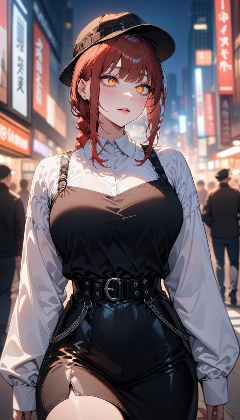 1girl,solo,makima \(chainsaw man\), chainsaw man
,super detailed skin,shiny skin,natural face ,eyelashes,lips gloss,red hair,sidelocks,a braid,large breasts,Tokyo street fashion,shibuya,looking afar,unique clothes,hat,Tokyo city,night,masterpiece,best quality,ultra detailed,high resolution,sharp focus,depth of field