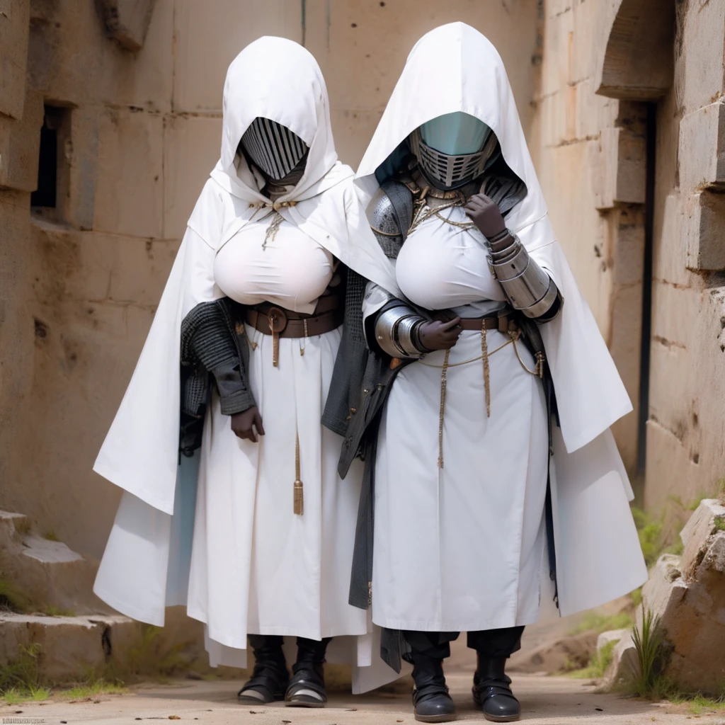 ((giganticbreasts)),pale skin,girl,clothed,knight hooded cloak,Iron Mask