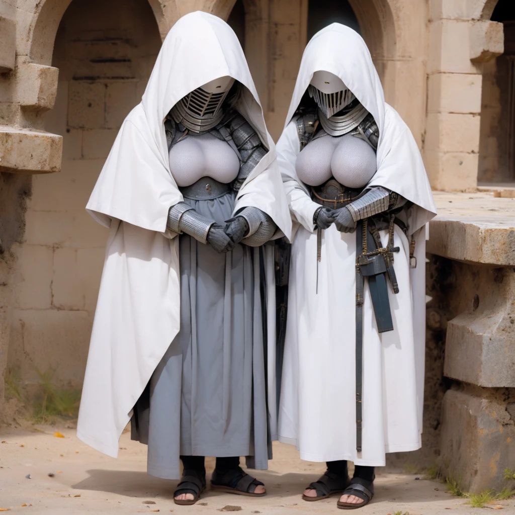 ((giganticbreasts)),pale skin,girl,clothed,knight hooded cloak,Iron Mask