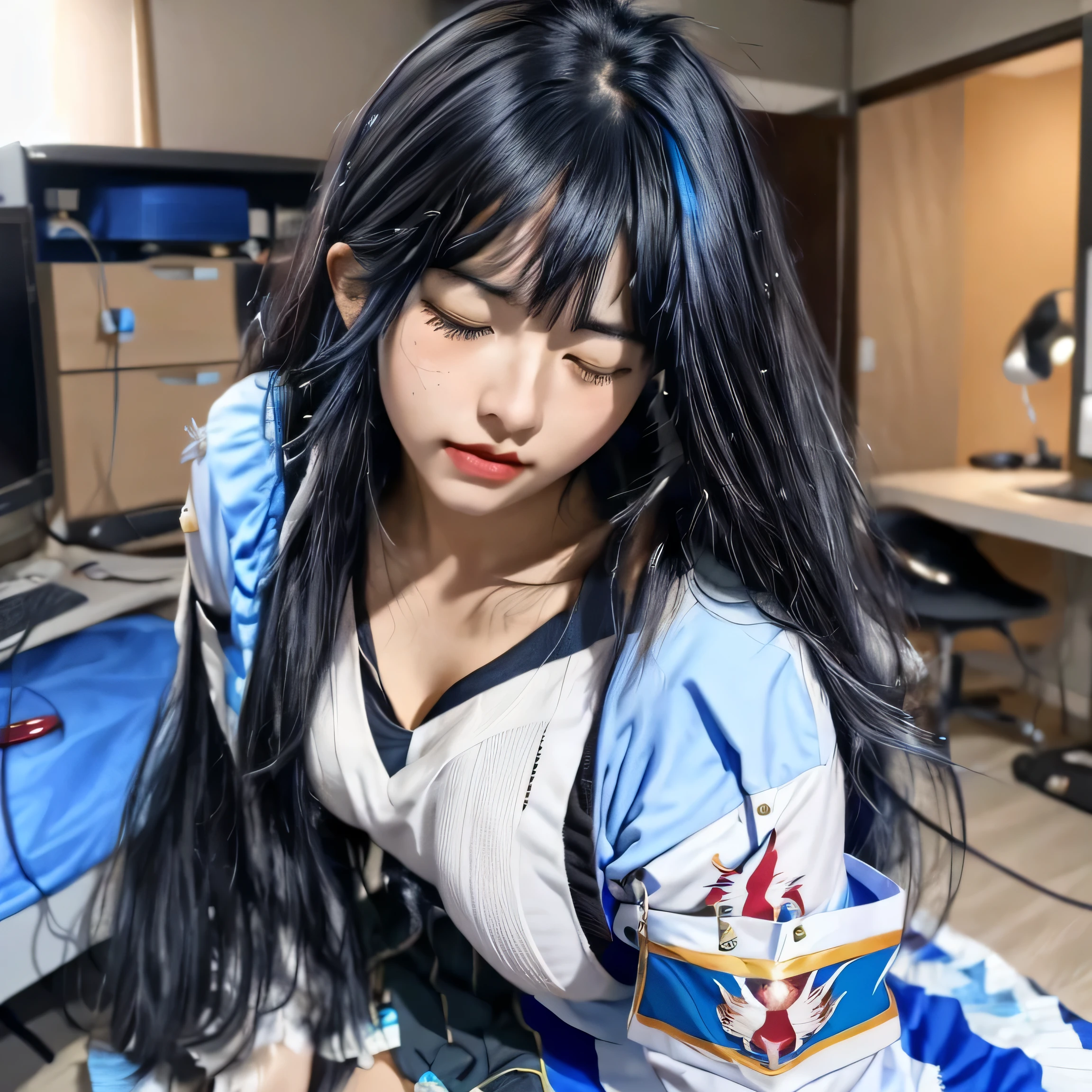 japanese,(((Liz Hellesta))),gameroomconcept,PC Desk,Sitting in a gaming chair,Preste,Game Controller,keyboard,((Looking at the smartphone in his hand)),vtuber,Game Now Streaming,White Delivery Room,Liz Hellesta髪1,((Dressed seriously)),(((Do not expose breasts))),lady bed,masterpiece, Highest quality, Beautiful and sexy, ((From below)), (1 female), Liz Hell,Bangs,((A Japanese girl with a beautiful face)),Excellent costume design, charm, (real chest), (8k Full Body RAW Photo), (Highly detailed skin: 1.2), ((Oily skin)), Captivating look, Highly detailed face, ((Black Hair)),fine grain, ((Sweaty body)), Inside the room,1 Girl,Open your mouth,(((Big Ass))),(((Very muscular and thick thighs Veins,))),Thigh gap,(((Narrow waist))),(Realistic:1.0),Front view,1girl,lh1, ,White lace panties、(((Hairy pussy))),Black pubic hair,Open Pussy,Open labia,((Big exposed clitoris)),Viscous love juice is dripping,Hair Ornament Net、Black Hairロングヘア、Long sleeve、Pleated skirt、(Blue silk thigh-high socks)、((Armband))、Navy blue pleated mini skirt、((White jacket, cotton material))、(tight white shirt)、Navy Blue Skirt、(Metallic black thigh straps),(((Front view))),Focused on PC gaming,Crying face,tears,Are crying,Expressions of pain,Frowning,(((Close ~ eyes))),Saliva1,((Open your mouth)),Showing teeth,Constricted eyes1,