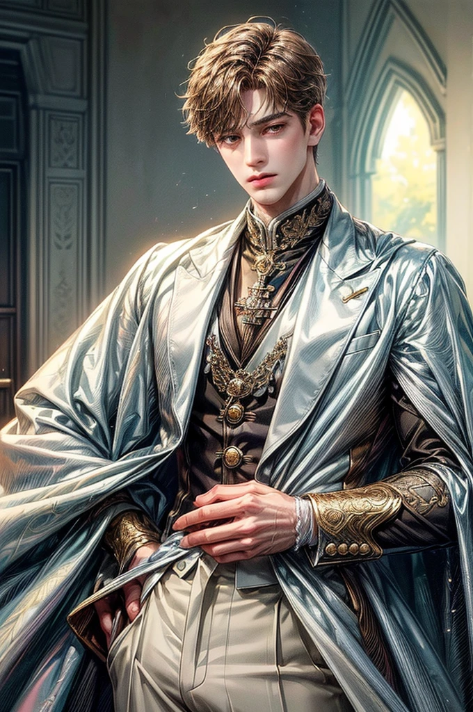 ((Best quality)), ((masterpiece)), (detailed), ((perfect face)), ((halfbody)) handsome face, male, teen boy, perfect proportions, character masculine manhwa, ((brown light)) short hair, ((brown)) eyes, male version, ((white)) prince clothes, ((white)) suit, body in good shape, ((white)) castle detailed background, ((white)) castle detailed scenery background