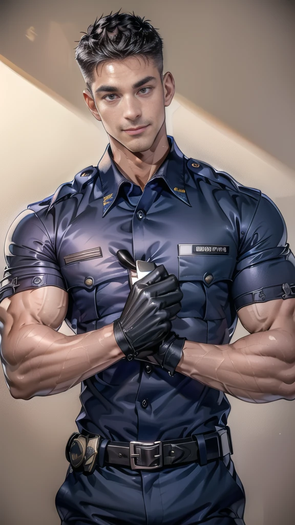 handsome man,(crew cut short hair:1.2),black eye,smile,
(navy police uniform:1.2),(shirt short sleeves:1.2),collar,(shirt covered over:1.2),(name tag and Police badge:1.2),(shirt no buttons:1.1),(black_gloves:1.3),
(Navy blue cargo:1.2),Korean guy,korean men,(High gloss details),(chest muscles:1.2),(large arm muscles:1.2),blood vessel,Big muscles,Broad shoulders,looking at the audience,Balancing the eyes,middle of the road,(stage:1.4),