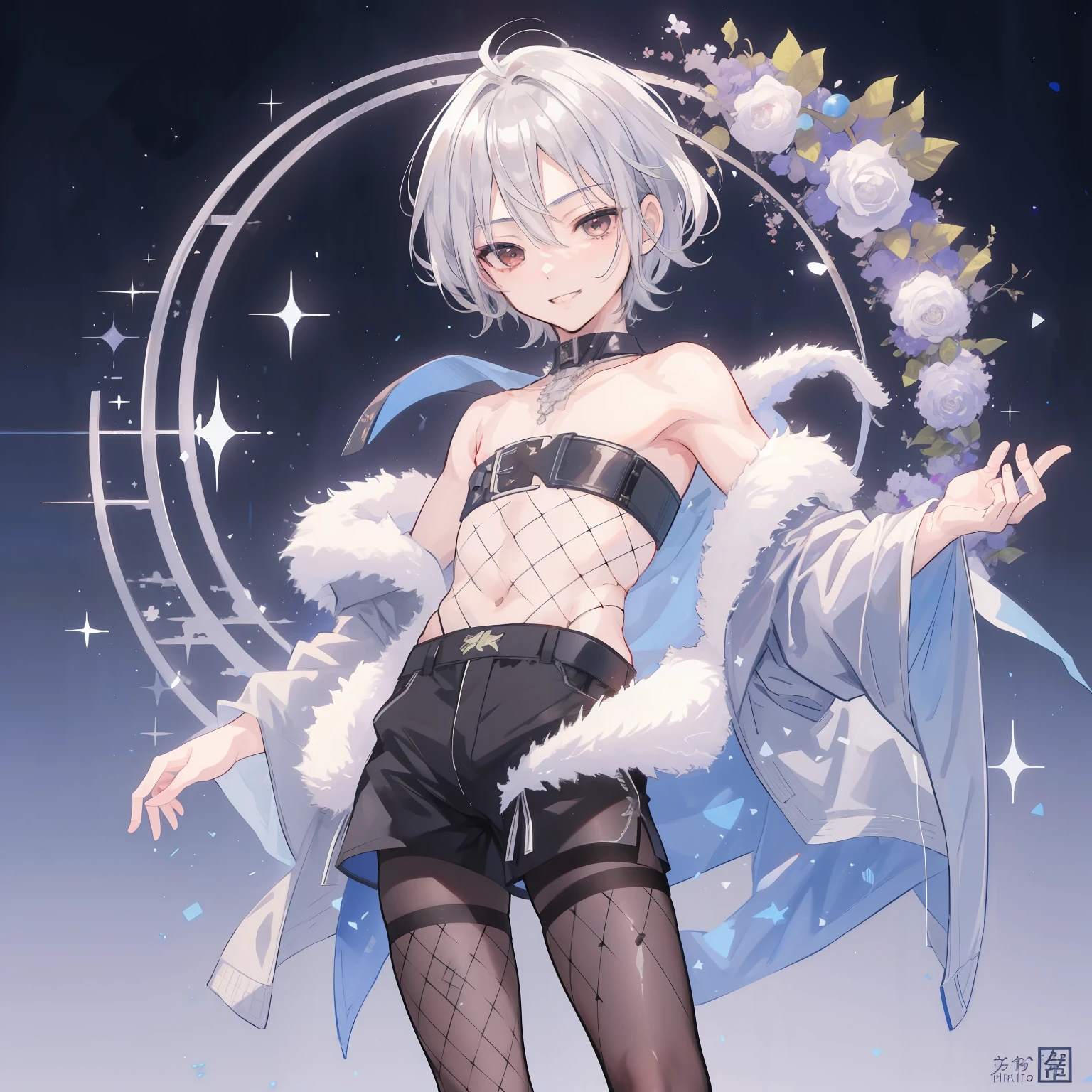 (8K、Best image quality、Highest quality、masterpiece)、Kimishima Ikuto、17 years old、Beautiful Boy、boy、boy1people、Beautiful Boy、(Hairstyle:Silver short hair,Outwardly curled hair,Silver Hair)、Slanted Eyes、Brown eyes、Perfect Anatomy、1 boy、Sexy smile、Thin and flat chest、Off-the-shoulder strapless、Black shorts、((Fishnet tights))、Night downtown background