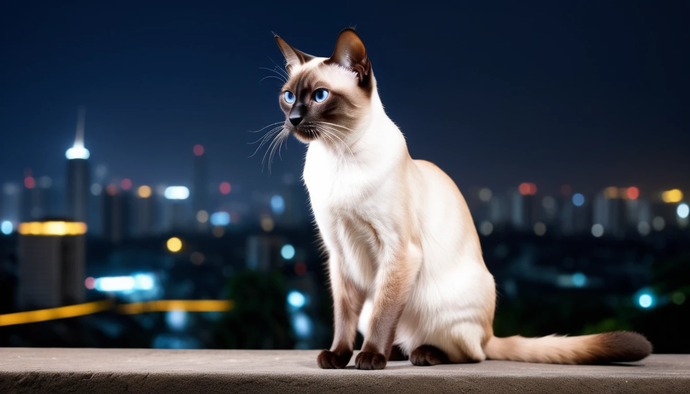 There is no one, realistic photo, photo realism, realism, siam (Siamese) cat, perfect composition, intricate details, Very sharp, masterpiece, profile, high resolution, looking at the viewer, full body photo in city night view