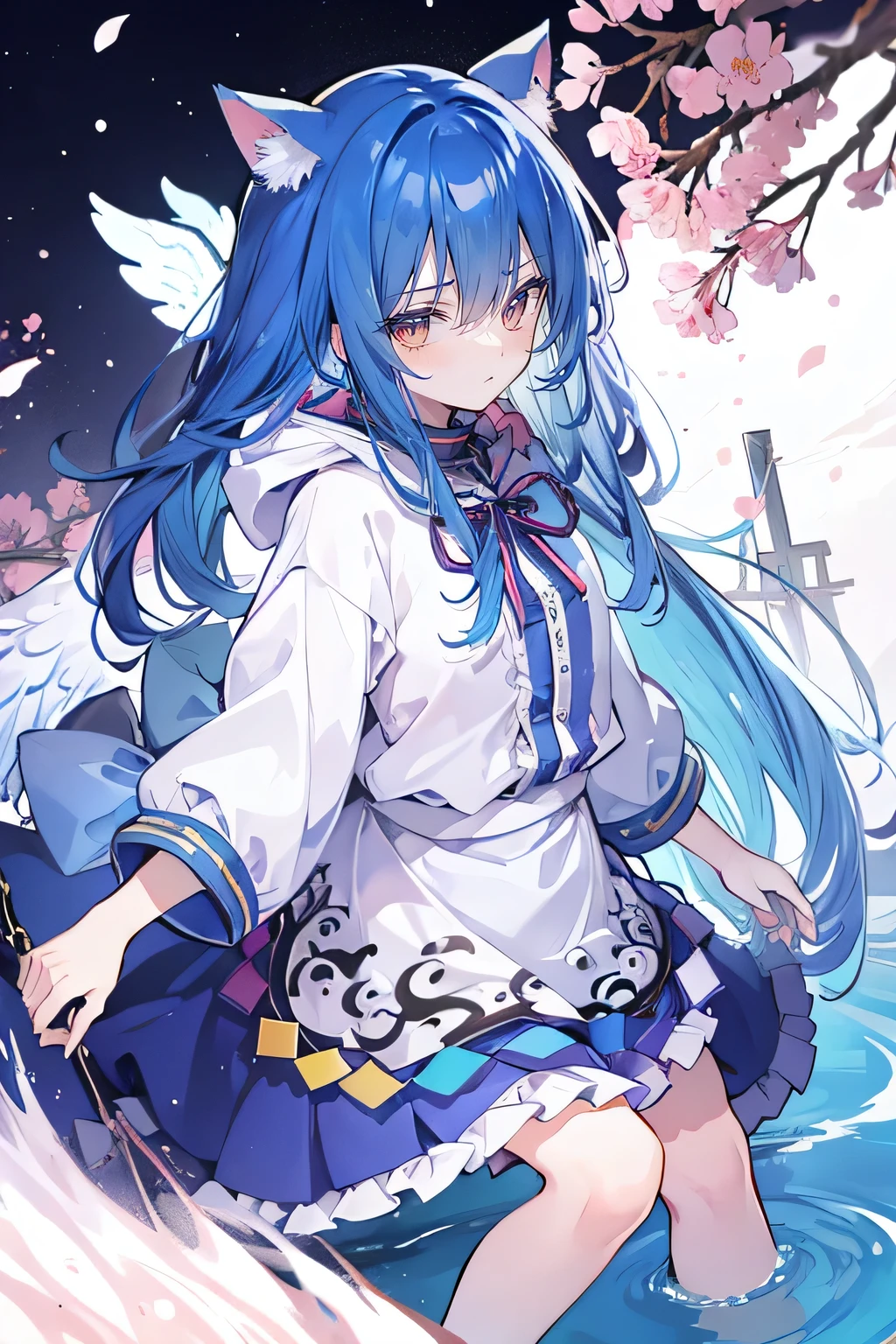 (masterpiece:1.2),Super detailed,lifelike,Expressive eyes,fair skin,perfect face shape,1 girl,
Japanese comics,Gorgeous blue hair,flowing blue hair,flowing clothes,Cat ears,Petals fall,beautiful lola,Baby Angel,
Shaking head with one hand,Cross your legs,Gentle and peaceful background,The pavilion is cool and comfortable,smile, wearing hoodie, background of tokyo,back views,snowing, winter,Angel Wings。