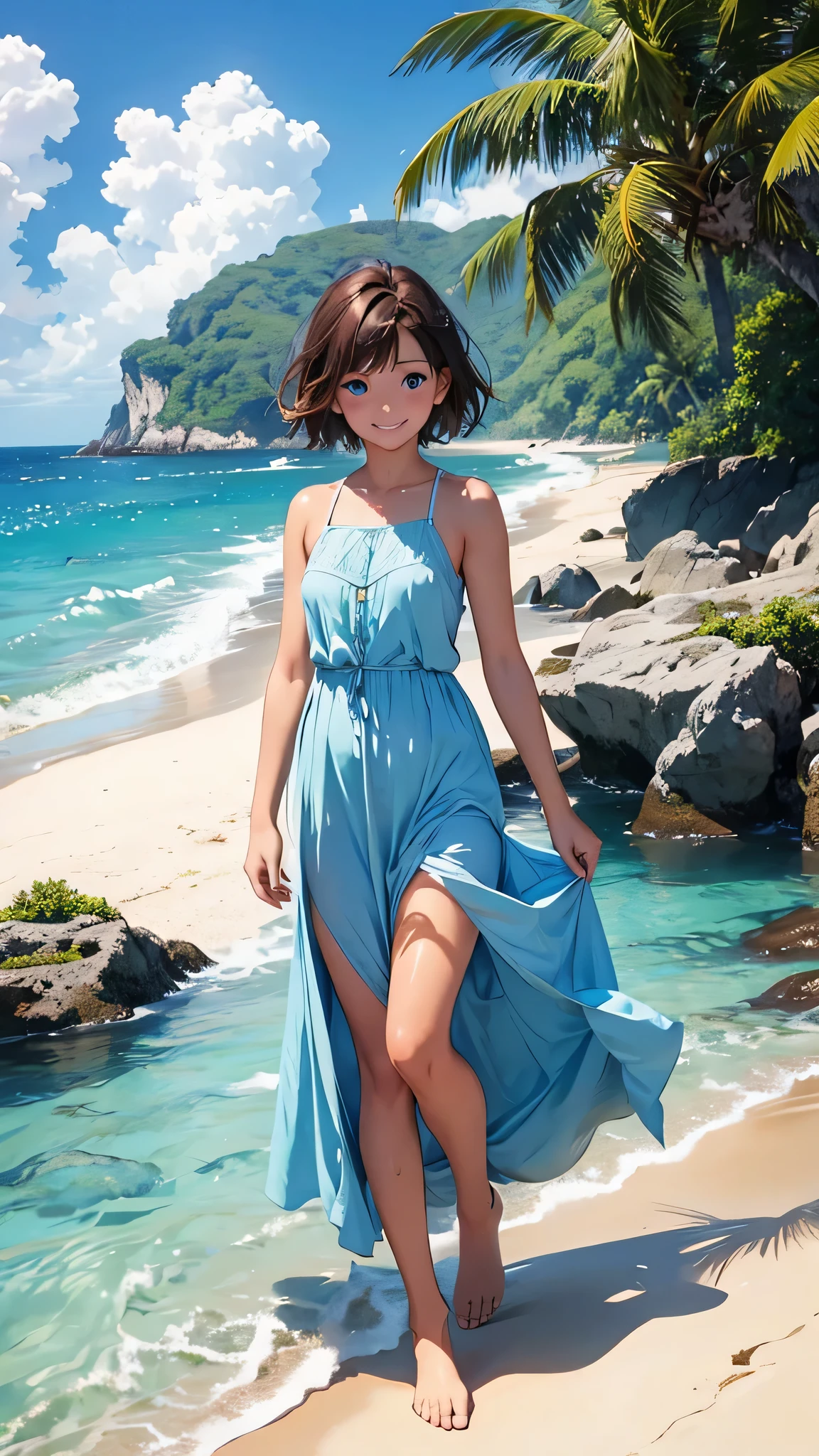 highest quality、Realistic、zoom、14 years old、Chestnut Hair、Blue Eyes、Short Hair、Long dress、Sunburned、Tan、Brown Skin、Sweat、smile、Ocean、、Full Body、