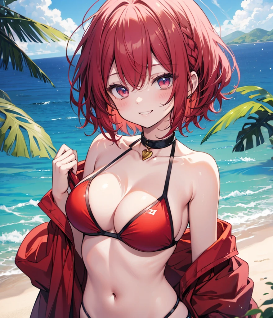 (masterpiece), (Top quality anime illustrations), Emphasize cleavage, Red Bikini,Red Hair、Swimwear、Bob Hair、short hair、1 person、Big Breasts、Beautiful breasts、Grinning smile、transformation