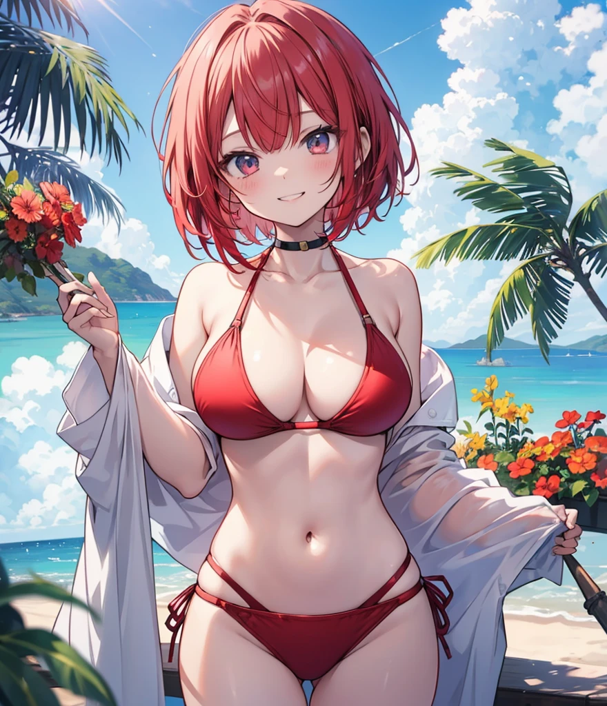 (masterpiece), (Top quality anime illustrations), Emphasize cleavage, Red Bikini,Red Hair、Swimwear、Bob Hair、short hair、1 person、Big Breasts、Beautiful breasts、Grinning smile、transformation