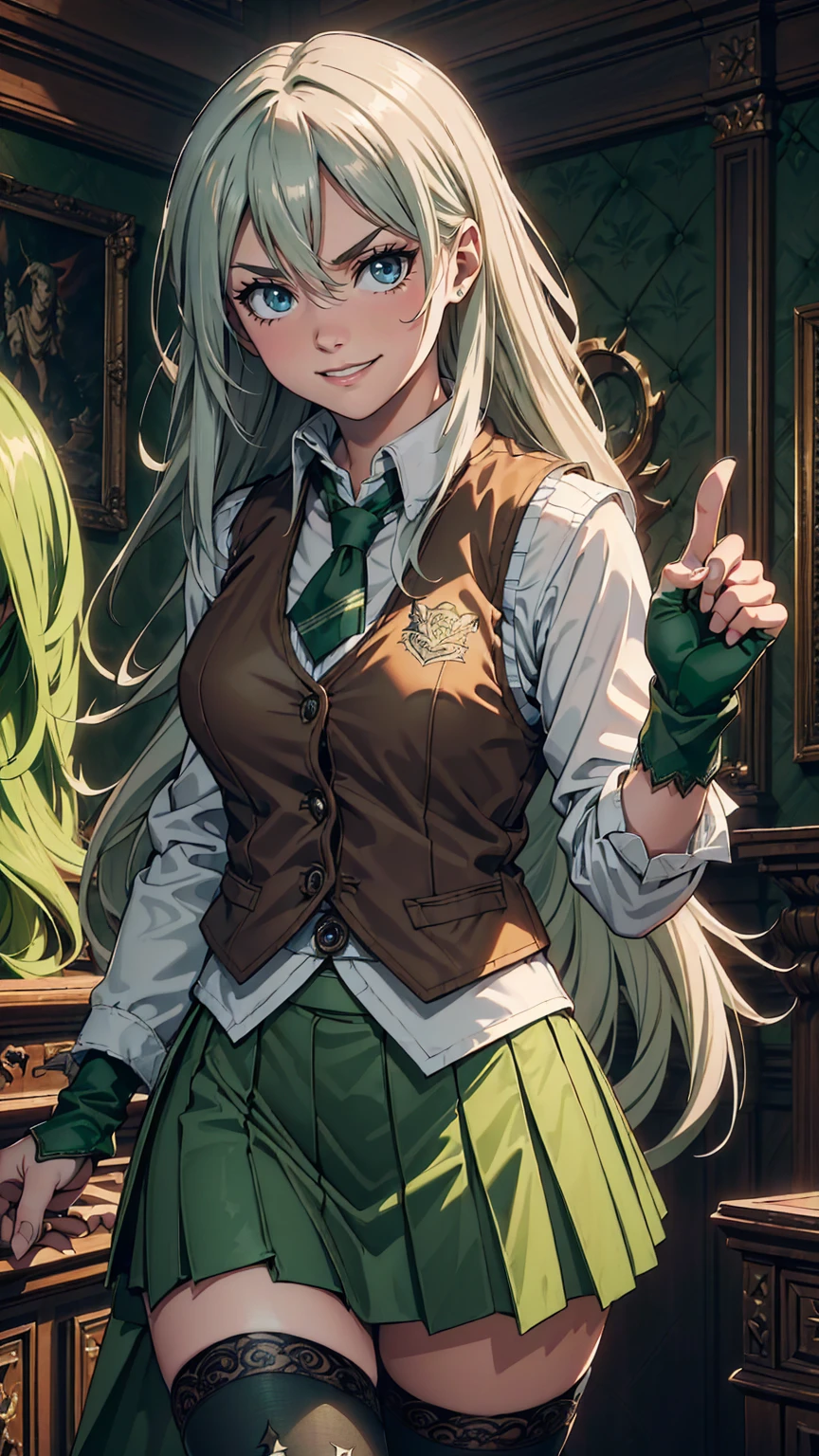 最high quality、Ultra High Definition, Ultra High Quality, Hyper Definition, Hyper Quality, Hyper Detailed, Extremely Detailed, Perfectly Detailed, Best image quality、masterpiece、woman((20-year-old、super dynamic pose , Green solid eyes, Silver long Hair、Disheveled Hair、Long White Hair、thin,Fingerless Glove、Green Skirt, Tights, evil smile, wicked expression、Brown School Vest , Dressed in school)),high quality、Beautiful art、background((Inside the mansion))、Written boundary depth、 dynamic pose, movie、Visual Arts、Perfect art、8K,Genuine、