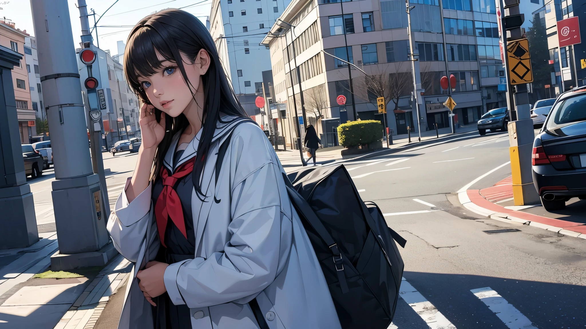 Ultra HD、super high quality、masterpiece、detailed、8K、The location is on a quiet city street、Schoolgirl１Person listening to music on headphones、15-year-old high school girl、そのロシア人で髪の毛は黒色のロング、Has blue eyes、Has a glamorous figure、The clothes she&#39;s wearing are one-piece dresses.、Pretty sexy、Lo-Fi images,The background is blurred、Nostalgic and relaxing atmosphere、At dusk、Afternoon sun