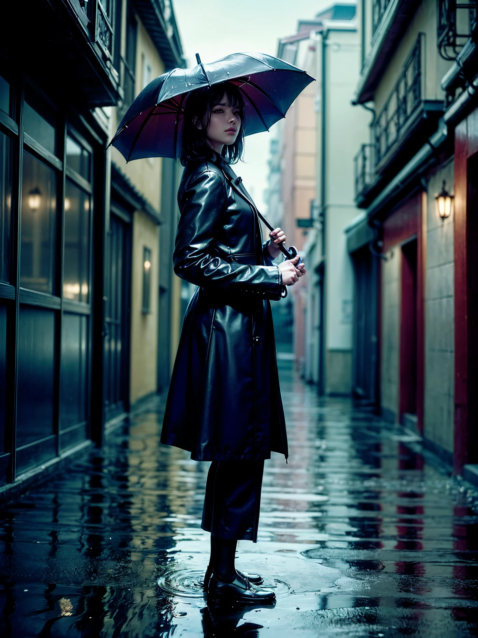 ((A person holding an elegant black umbrella)), standing in the rain, detailed facial features, intricate clothing, cinematic lighting, highly detailed, photorealistic, 8k, (best quality:1.2), (realistic:1.37), (detailed:1.2), dramatic moody lighting, rainy day, city street background, puddles on the ground, warm color palette, cinematic composition