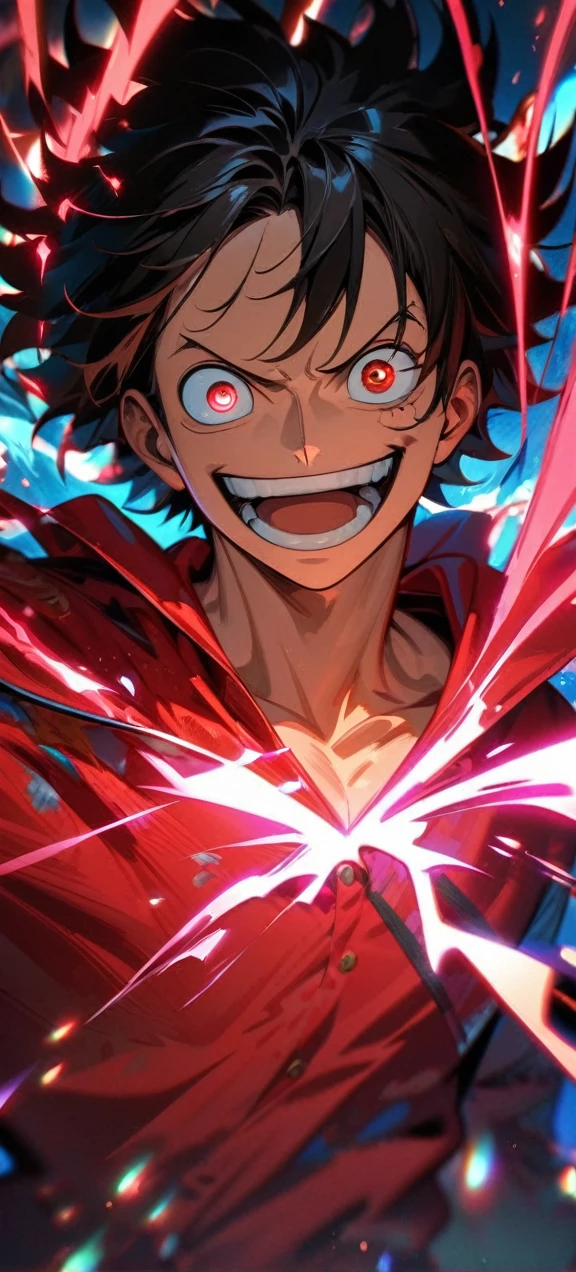 High quality, ,absurdres, highres, ultra detailed, HDR, masterpiece, extremely detailed face and eyes, Luffy , One Piece,, Black hair ,red shirt, solo, ,man, handsome, red splashing effect,red lightning effect,glowing glitters , full effect, symetrical , perfect anatomy