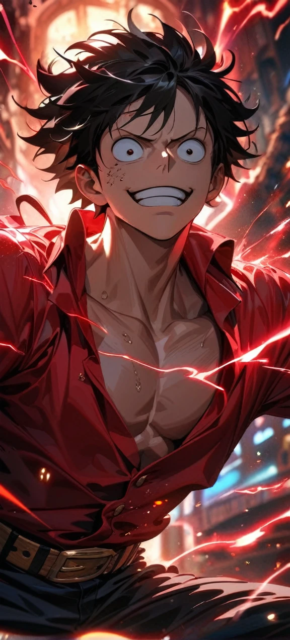 High quality, ,absurdres, highres, ultra detailed, HDR, masterpiece, extremely detailed face and eyes, Luffy , One Piece,, Black hair ,red shirt, solo, ,man, handsome, red splashing effect,red lightning effect,glowing glitters , full effect, symetrical , perfect anatomy