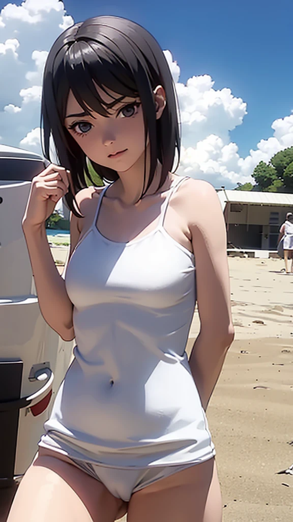 On the beach with a white swimsuit 