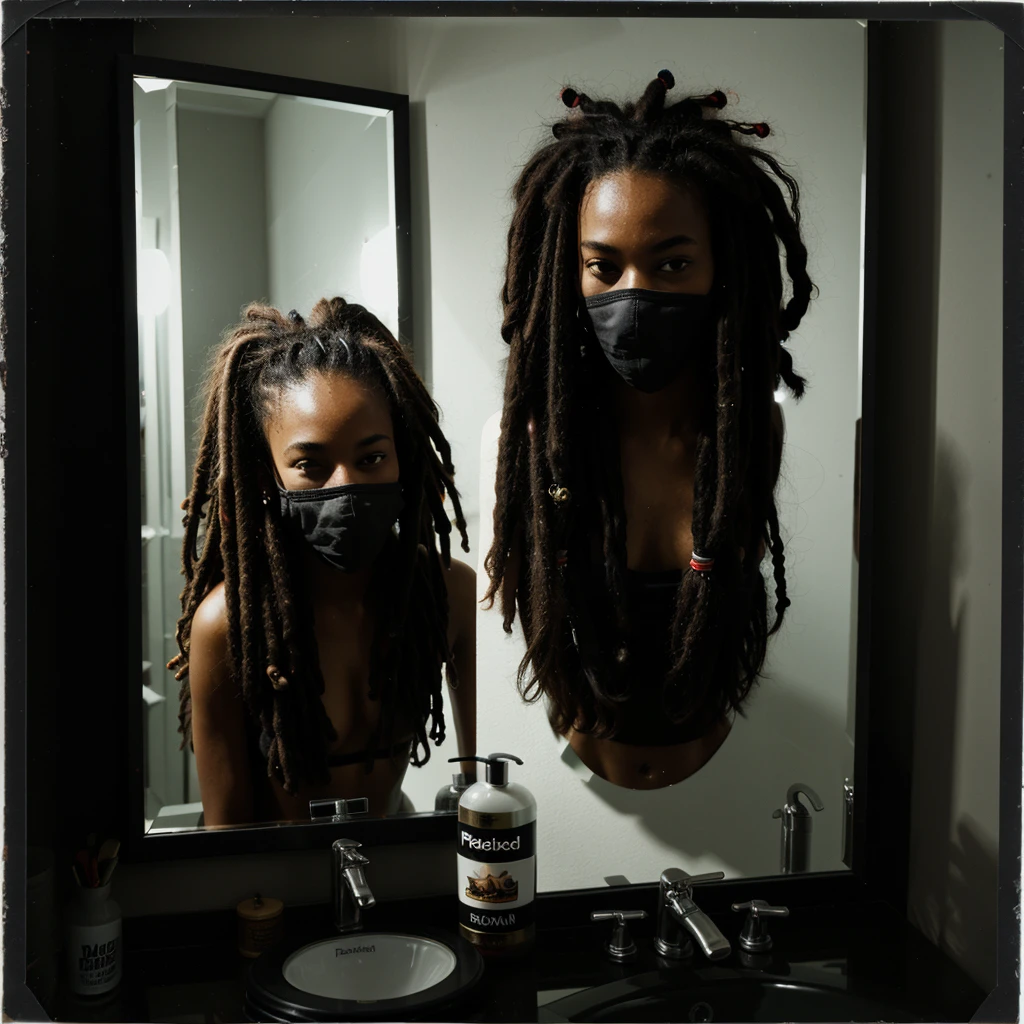 polaroid photo, ht photo, photo of black man with dreads wearing mask staring at mirror and her reflection, black background , motion blur, hyperealistic