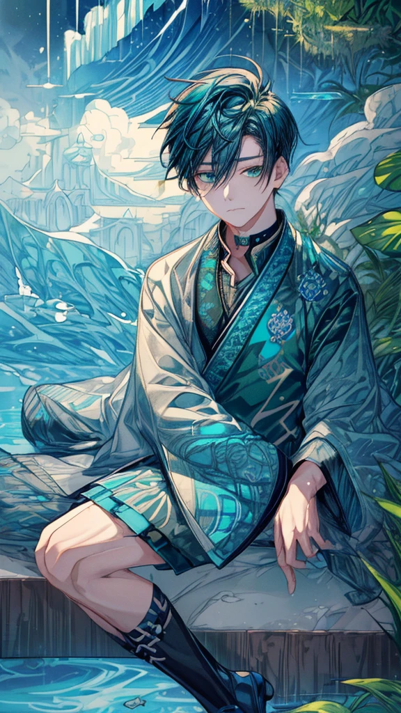 name: Kaito Tidespeaker
Element: AQUASCEND
Description: A wise and enigmatic Turbaned Sage, basking in the eternal tides that consent Engineers of Nature's own grand design. With a potent, empathetic resonance, his mermaid-webbed fingers trace star fish and graceful ephemera within his seawater basin.
Prompt:  (((Opening_female teacher_, Bullish_quality_, ultrahigh_resolution))), 1boy, thoughtful, sitting, (short spiky blond Utterly Blue seaweed wetted hair, aqua-colored eyes), waves in hair, pointed ears, slightly tattoos(diffuse pearls and waves), long pointed nose, fair complexion, broad birthmark( vertical aquamarine crescent from left temple to chin), h meaning(half killed Holding a (dainty, green teacup or Sea Urchin), (seated with hedges or wave)^5_(close up), facing left and tilted^^(in frontoterrestre Western weathered cliff near aquatic or tropical druidish ruin) or nearby Serene clearing^plain background or Moonlit seaforest)_ (magic_eyes)^(unemphasized, gentle)^++(half closed eyes)^+ intricate facial markings), determined expression, together with his cynical, silent-mouth grimace, everyday simple comfy webbed garments covering diamond collar, (single peace sign or peace fist tattoos or choker/bracelet/necklace/earpiercing: Delfin amulet, Pierced upper finger), Hip-length, rippleling cloak w/building surround turn, ((Bashful)) tenseness, peripheral lighting, bootless (webbed ankles and heels), Serene, thunderhead background in her ocean ward Without displacement or blight, Orka proportions, foamy full fringe, 28 years old, BREAK, [(Repair fingers with too many fingers, repair missing fingers, repair missing feet, repair hands that are sticky or nested)]