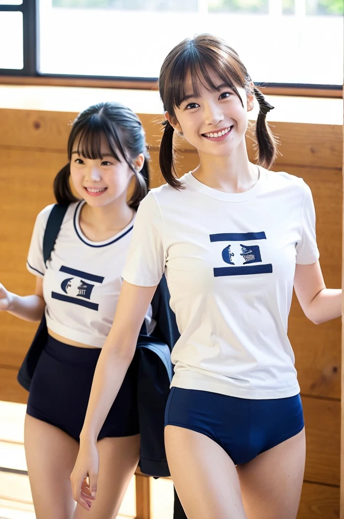 girls walking in sunny wooden school classroom,white school t-shirt with blue trim,navy blue swimming briefs,18-year-old,bangs,a little smile,wiggle hips,thighs,knees,short hair with low pigtails bunches,from beside,front light