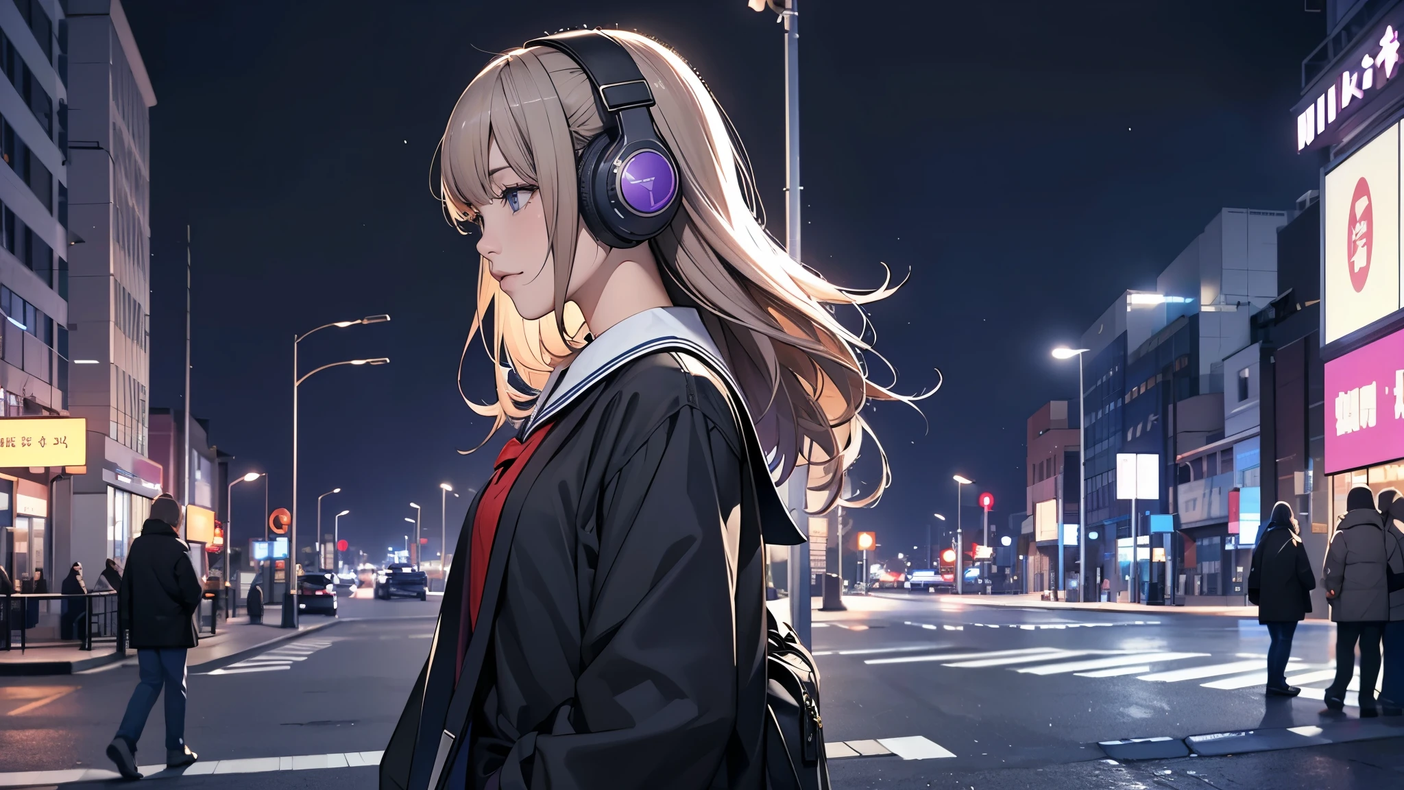 Ultra HD、super high quality、masterpiece、detailed、8K、The location is on a quiet city street、Schoolgirl1Person listening to music on headphones、15-year-old high school girl、そのロシア人で髪の毛は黒色のロング、Has blue eyes、Has a glamorous figure、The clothes she's wearing are one-piece dresses.、Pretty sexy、Lo-Fi images,The background is blurred、Nostalgic and relaxing atmosphere、At dusk、Afternoon sun