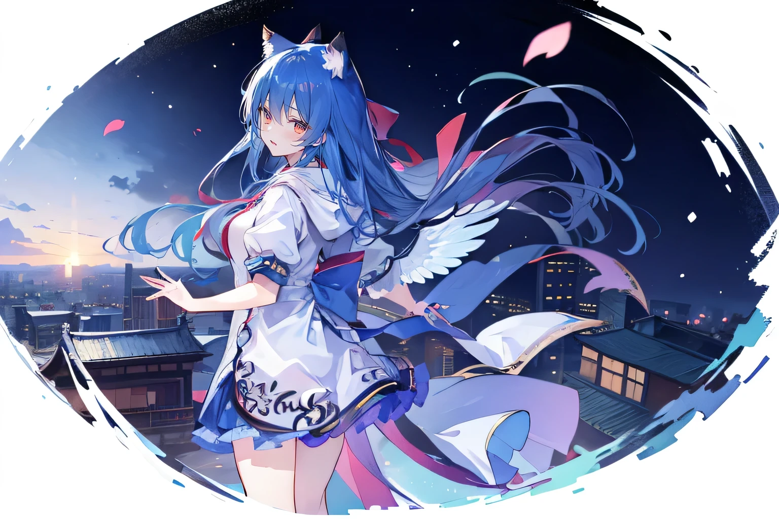 (masterpiece:1.2),Super detailed,lifelike,Expressive eyes,fair skin,perfect face shape,1 girl,
Japanese comics,Gorgeous blue hair,flowing blue hair,flowing clothes,Cat ears,Petals fall,beautiful lola,Baby Angel,
Shaking head with one hand,Cross your legs,Gentle and peaceful background,The pavilion is cool and comfortable,smile, wearing hoodie, background of tokyo,back views,snowing, winter,Angel Wings。