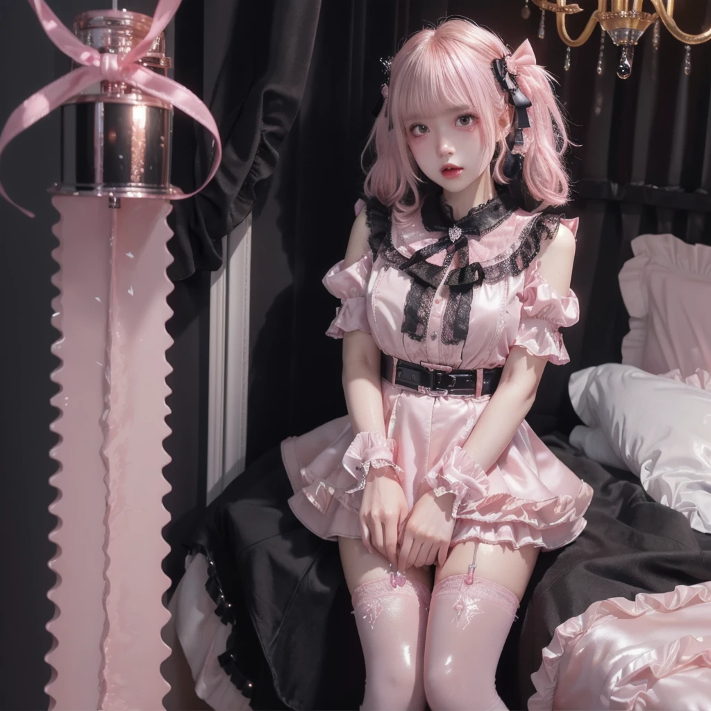 8K resolution, surreal, Super detailed, high quality, perfect anatomy, jammed, (4 girls)++, group shot, perfect proportion, full body, (((shiny pink satin, shiny pink latex, jirai fashion, shiny sailor collar, short dress with many frills, pink Lace, micro mini skirt, bow ribbon)))+, (((bleached hair)))+, ((super large breasts)), sitting on bed, (At the bedroom with Chandelier at late night), ((see-through black thighhighs))+, looking at viewer, wet skin, ((blush, sweat, narrow eyes)), open mouth
