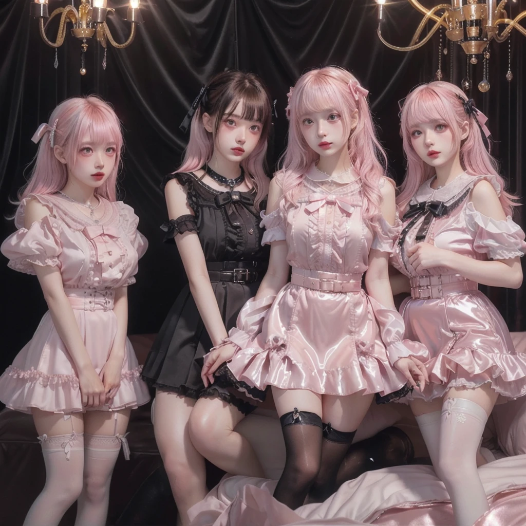 8K resolution, surreal, Super detailed, high quality, perfect ???????, jammed, (4 girls)++, group shot, perfect proportion, full body, (((shiny pink satin, shiny pink latex, jirai fashion, shiny sailor collar, short dress with many frills, pink Lace, micro mini skirt, bow ribbon)))+, (((bleached hair)))+, ((super large breasts)), sitting on bed, (At the bedroom with Chandelier at late night), ((see-through black thighhighs))+, looking at viewer, wet skin, ((blush, sweat, narrow eyes)), open mouth