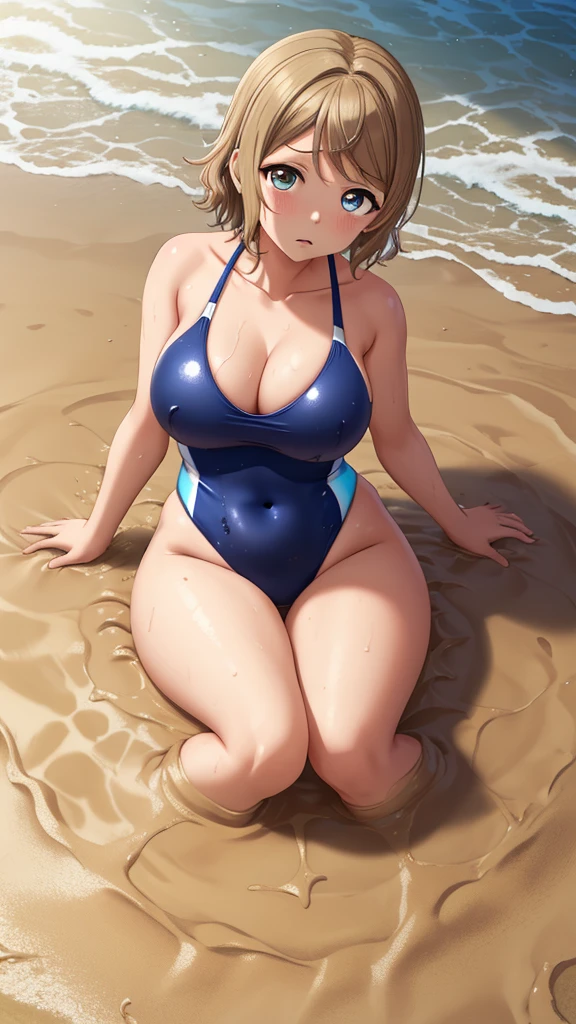 (Masterpiece), 8k wallpaper, solo, Watanabe you, one-piece swimsuit, v-neck, game cg, beautiful detailed face and eyes, perfect anatomy, curvy, upset, (quicksand:1.3), (beach)