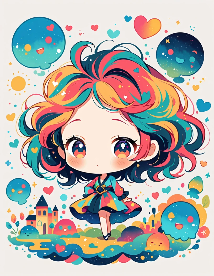 Mai Yoneyama style, Simple Line Initialism,Abstract art,Urban Background, colorful hearts ,(((The most beautiful girl of all time))), (((chibi))), (((Cute amoeba))), Space Travel