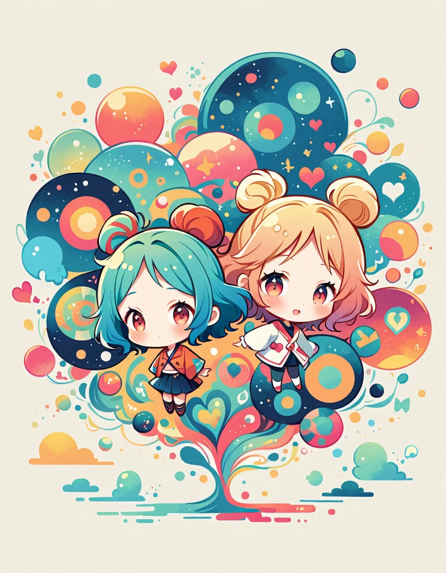 Mai Yoneyama style, Simple Line Initialism,Abstract art,Urban Background, colorful hearts ,(((The most beautiful girl of all time))), (((chibi))), (((Cute amoeba))), Space Travel