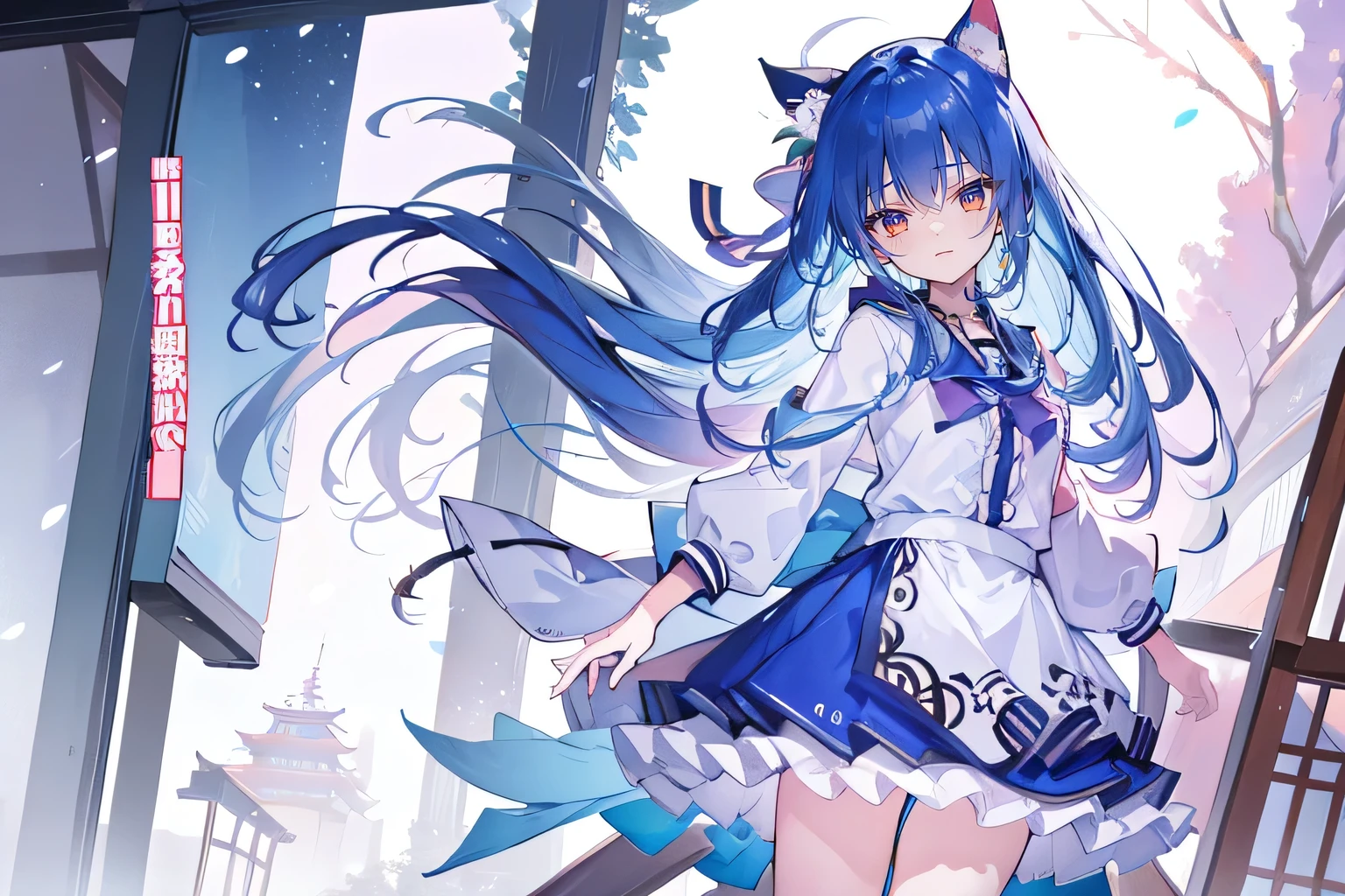 （masterpiece：1.2），Super detailed，lifelike，Expressive eyes，fair skin，perfect face shape，1 girl，
Japanese comics,Gorgeous blue hair,flowing blue hair,flowing clothes,Cat ears,Petals fall,beautiful lola,Baby Angel,
Shaking head with one hand，Cross your legs，Gentle and peaceful background，The pavilion is cool and comfortable,smile, wearing hoodie, background of tokyo,back views,snowing, winter,Angel Wings。